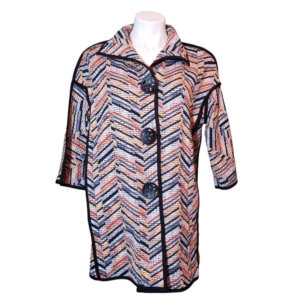 IC BY CONNIE K Stripe Geo 3-Button Front Stretch 3/4 Sleeve Coat Jacket Sz Large